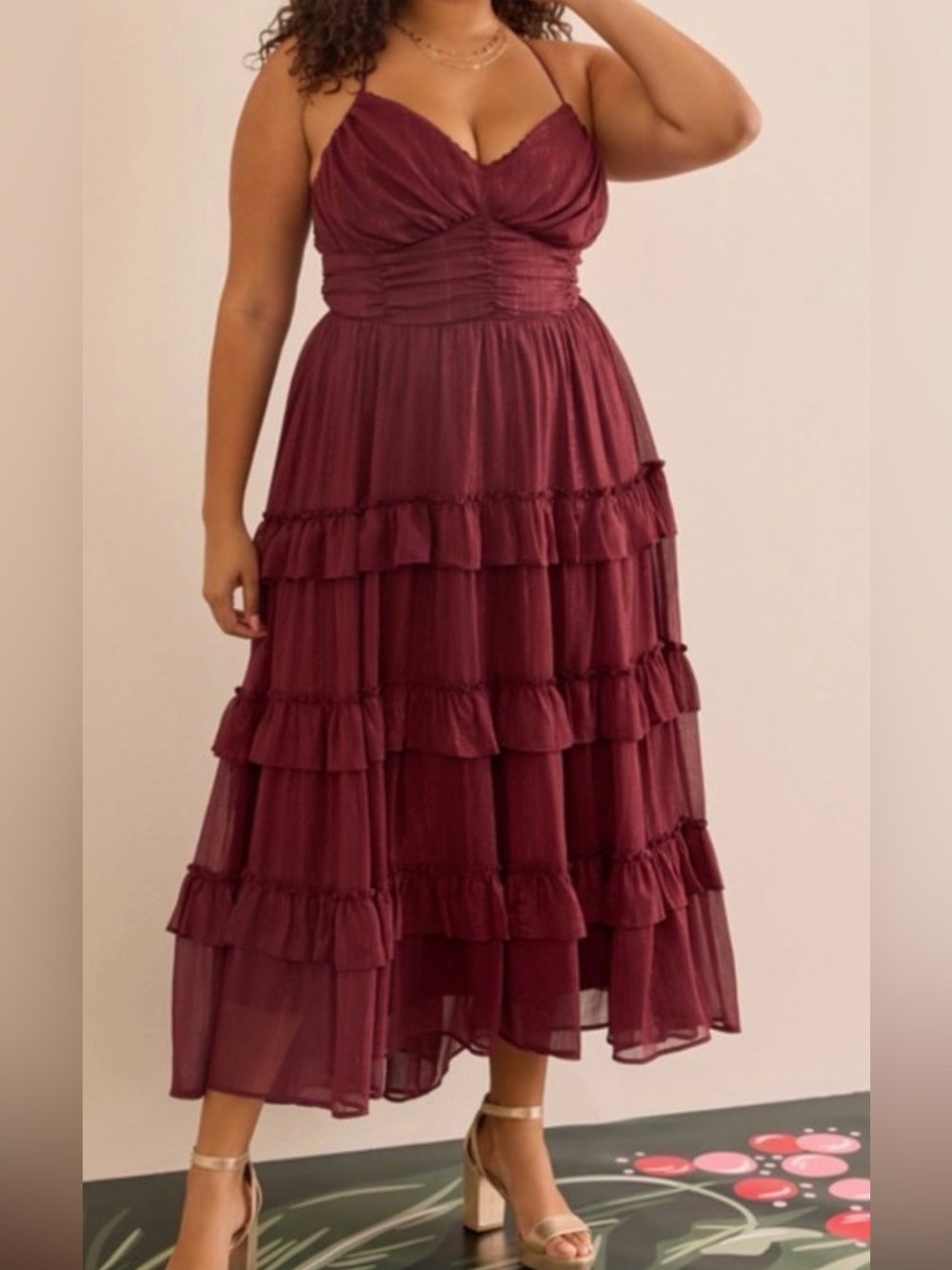 ARULA Burgundy Tiered Ruffle Dress